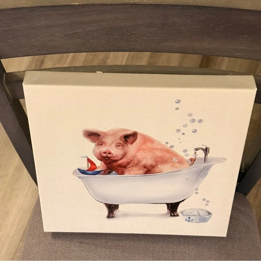 Whimsical Pig in Bathtub Canvas Art 12in x 12in
